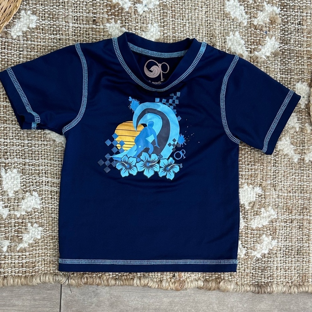 OP Baby Toddler Boy Navy Blue Surfing Graphic Swim Rash Guard Short Sleeve Shirt - Picture 5 of 10